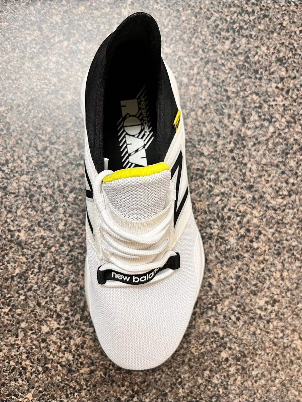 New Balance White Black Athletic Running Shoes with Yellow Accent